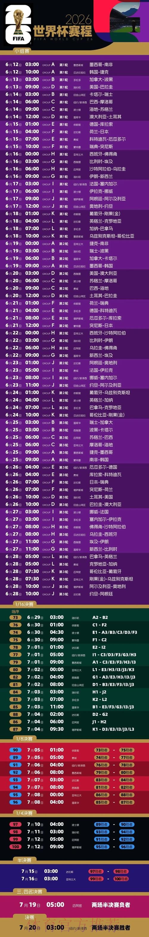 2026世界杯每日赛程今日实时赛程在哪里看